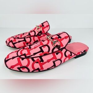 Gucci Princetown Horsebit Logo Print Pink Fabric Flat Loafer Mules Size EU 38.5